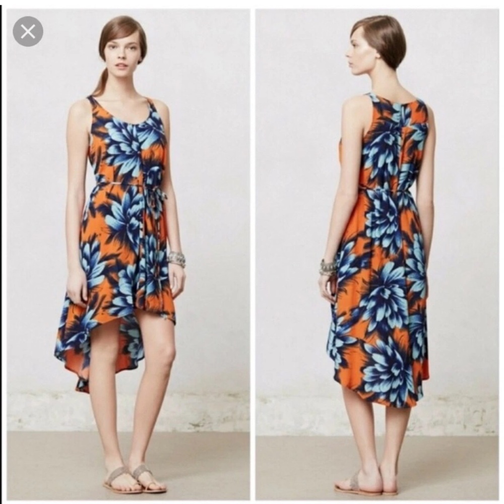 Anthropologie Maeve Sunset Hibiscus Vibrant Floral High-Low Dress